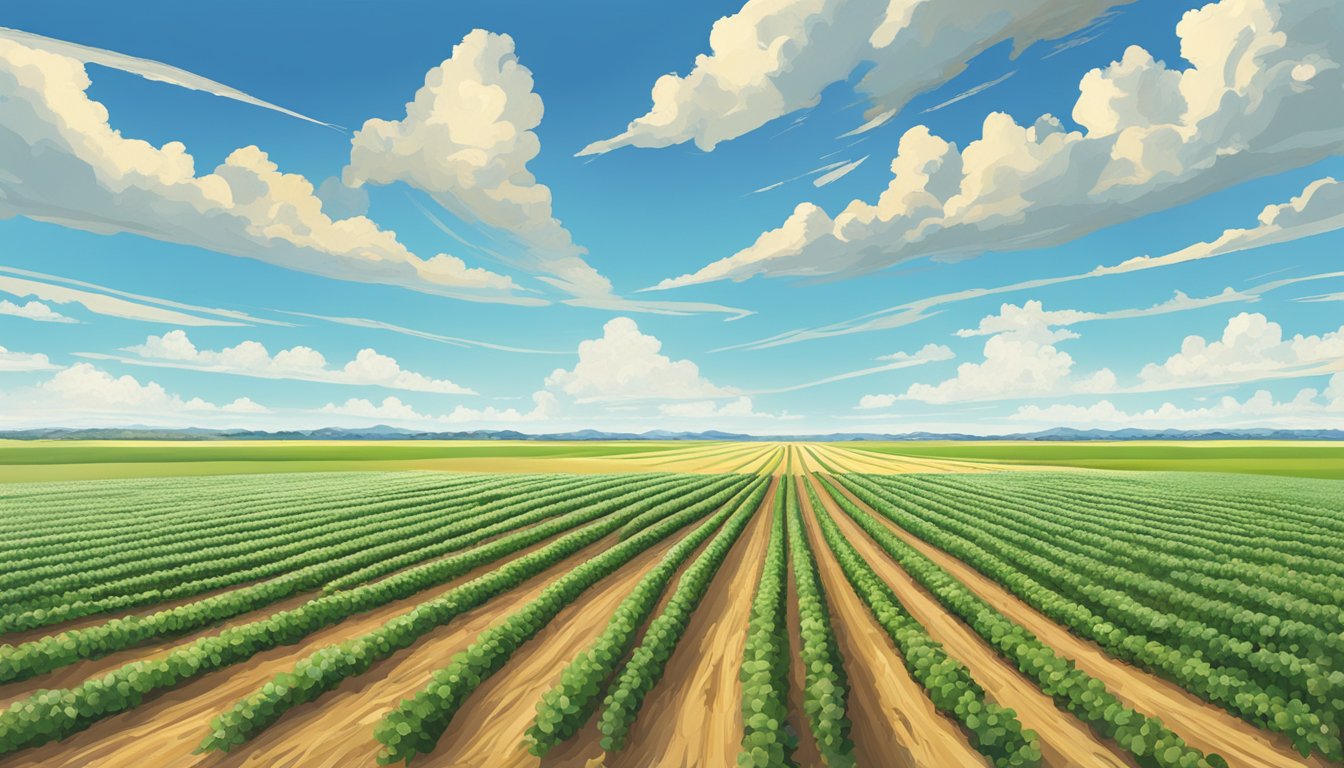 A vast, open field in Loving County, Texas, with rows of crops stretching out into the distance, under a clear blue sky