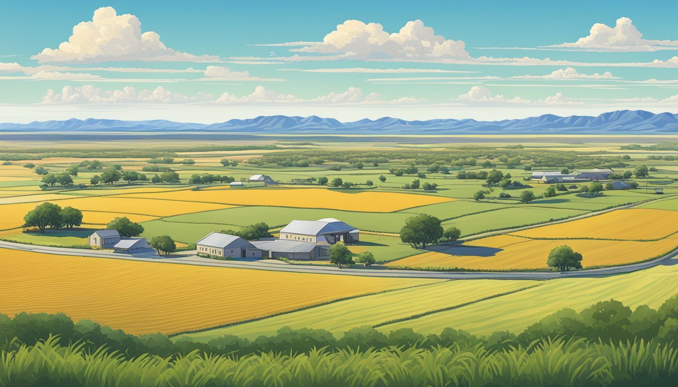 A sprawling ranch in Loving County, Texas, with vast fields of crops and grazing livestock, surrounded by a clear blue sky and distant mountains