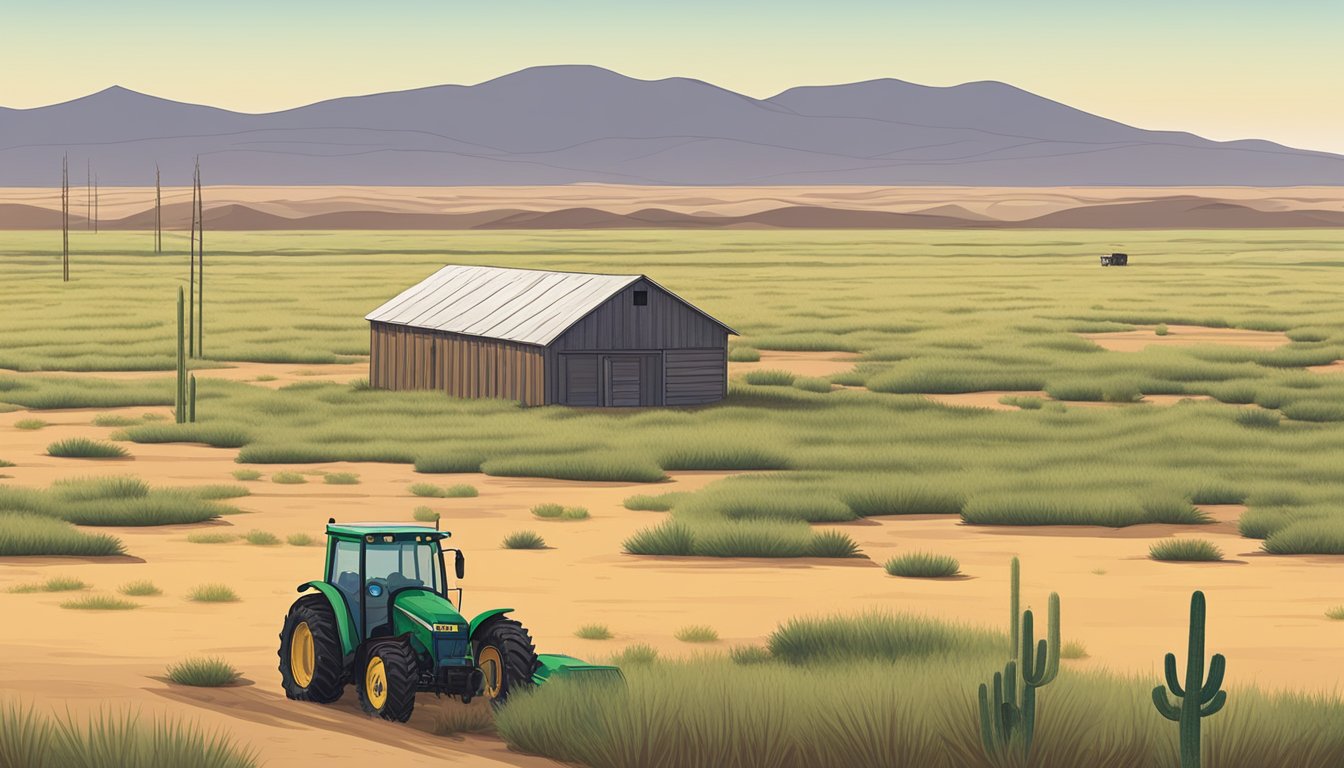 A barren field of dry grass and cacti, with a small county sign marking the border of Martin County, Texas. A lone tractor sits in the distance, surrounded by the vast expanse of land