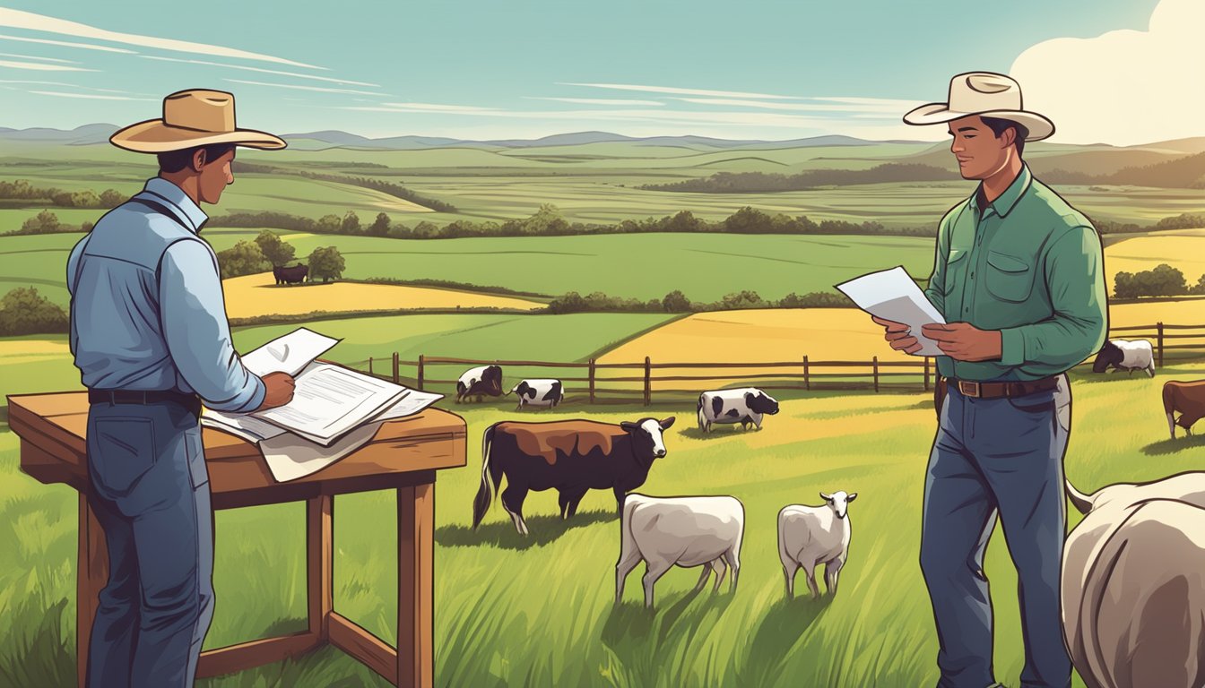 A rancher filling out paperwork surrounded by fields and livestock, with a county official reviewing documents