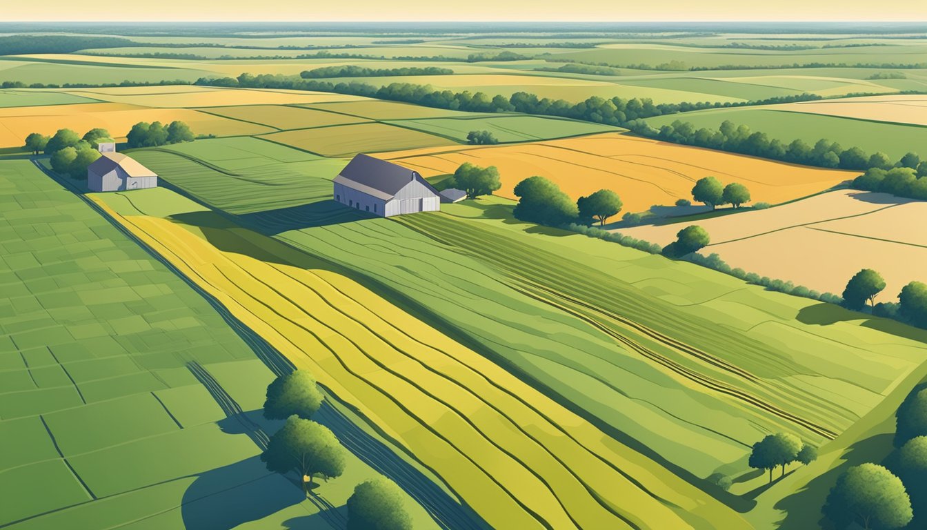 A vast expanse of farmland in Martin County, Texas, with rows of crops and grazing livestock, all under the protection of an agricultural exemption