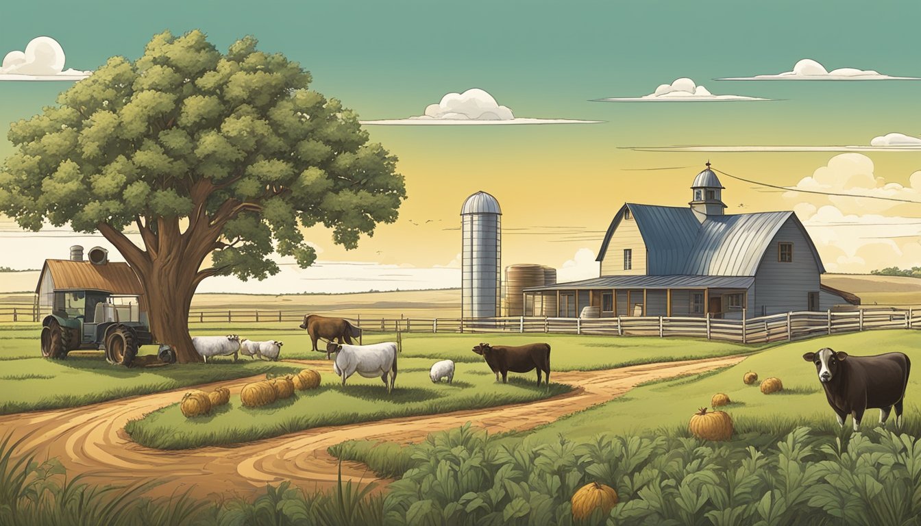 A rural landscape in Midland County, Texas with farm animals, crops, and a farmhouse, with a focus on the agricultural exemption status for tax purposes