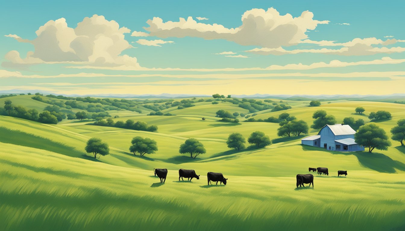 Rolling hills of green pasture in Loving County, Texas. Cattle grazing under a bright blue sky, with a small farmhouse in the distance