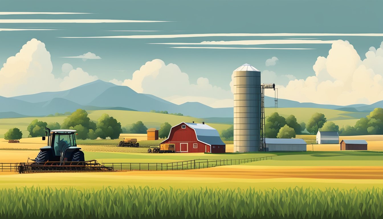 Rolling fields of crops and grazing pastures in a rural Texas county, with farm buildings and machinery scattered throughout