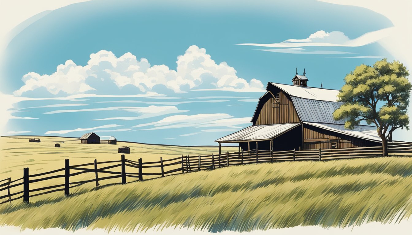 Rolling hills with grazing cattle, a rustic barn, and a fence line under a clear blue sky in Loving County, Texas