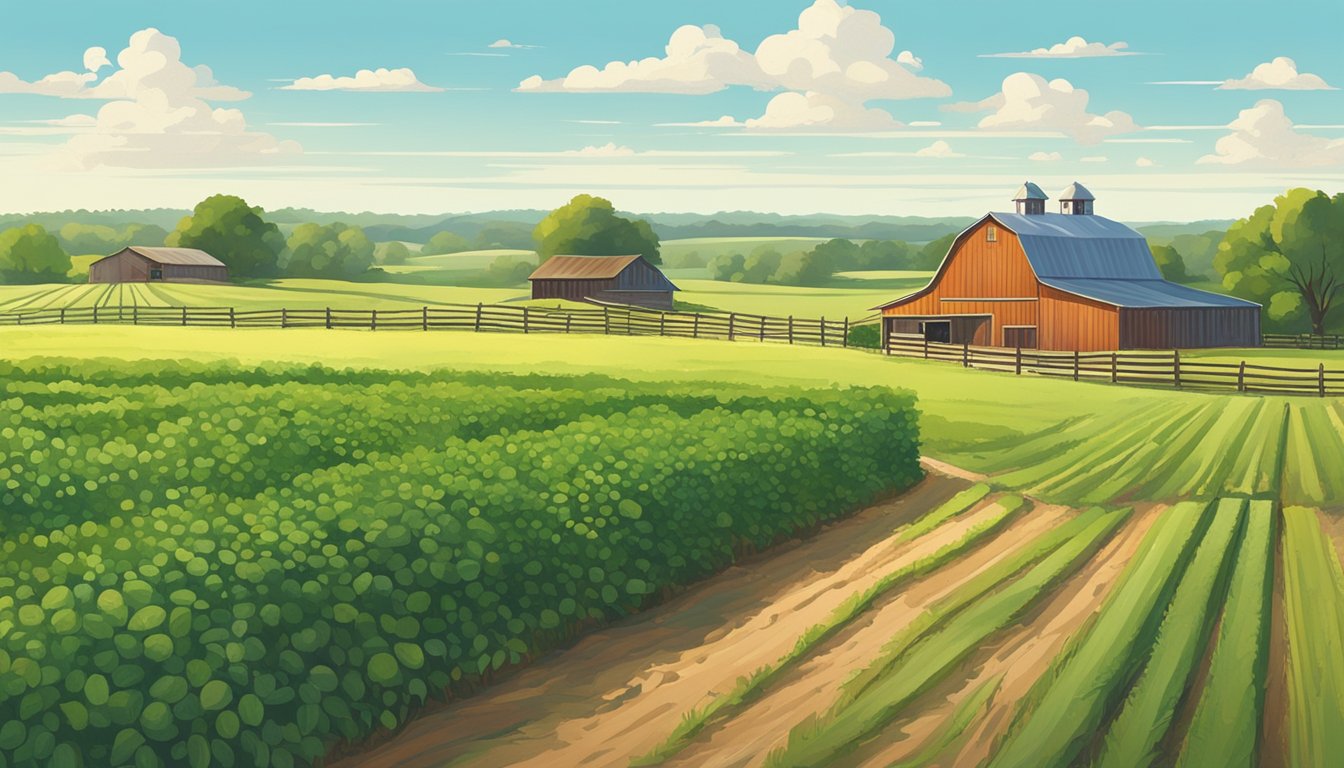 Rolling fields of green crops stretch across the landscape, bordered by rustic fences and a clear blue sky overhead. A barn and farmhouse stand in the distance, surrounded by the peaceful beauty of the Texas countryside