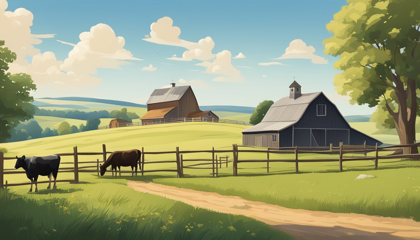 A rural landscape with a farmhouse, barn, and grazing livestock under a clear sky