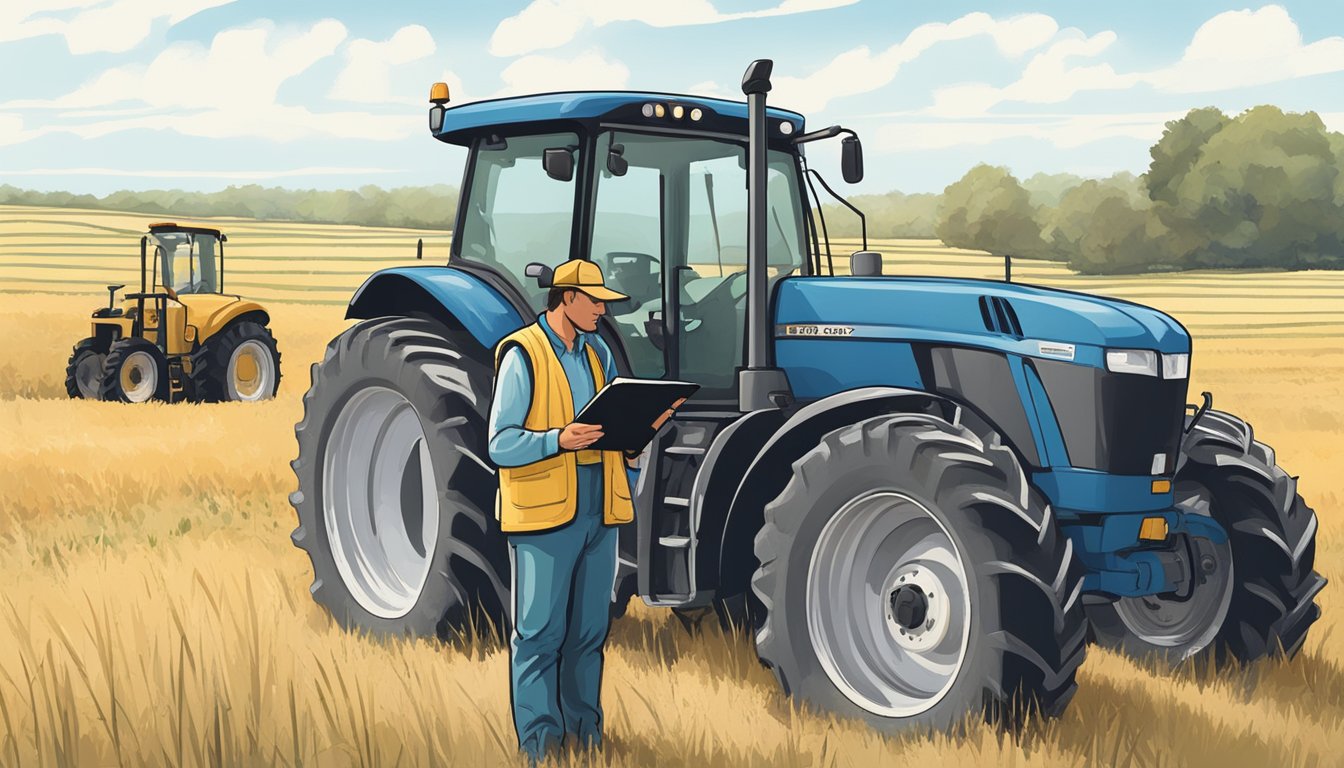 A farmer filling out paperwork while standing next to a tractor in a rural Texas field