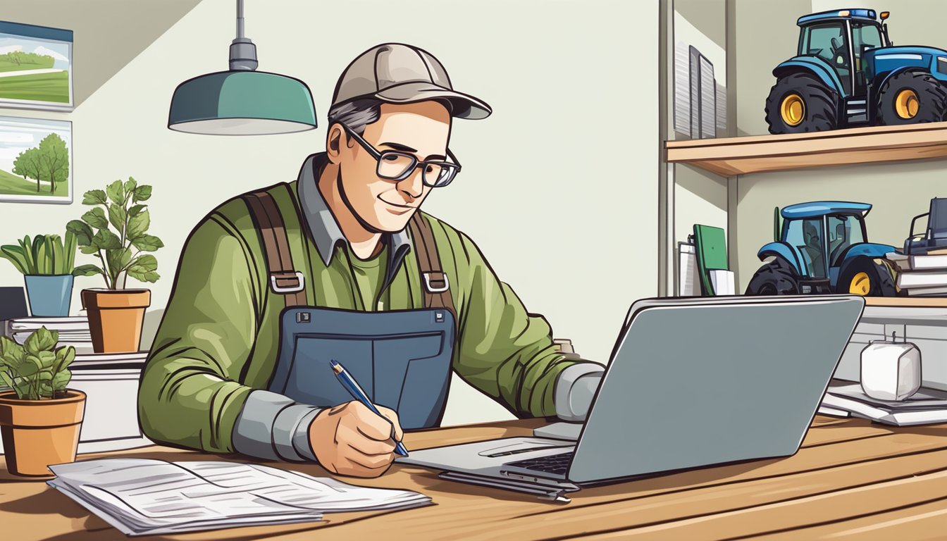 A farmer filling out paperwork at a desk with a laptop, surrounded by agricultural equipment and documents