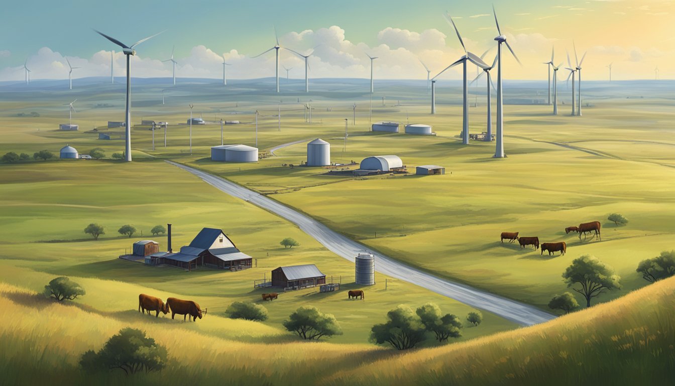 A sprawling Texas ranch with cattle grazing, wind turbines, and oil wells, surrounded by vast open fields and rolling hills