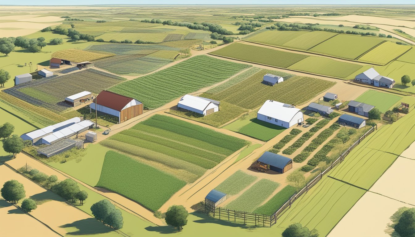 A sprawling farm in Midland County, Texas, with fields of crops and grazing livestock, surrounded by a fence and a sign indicating agricultural exemption