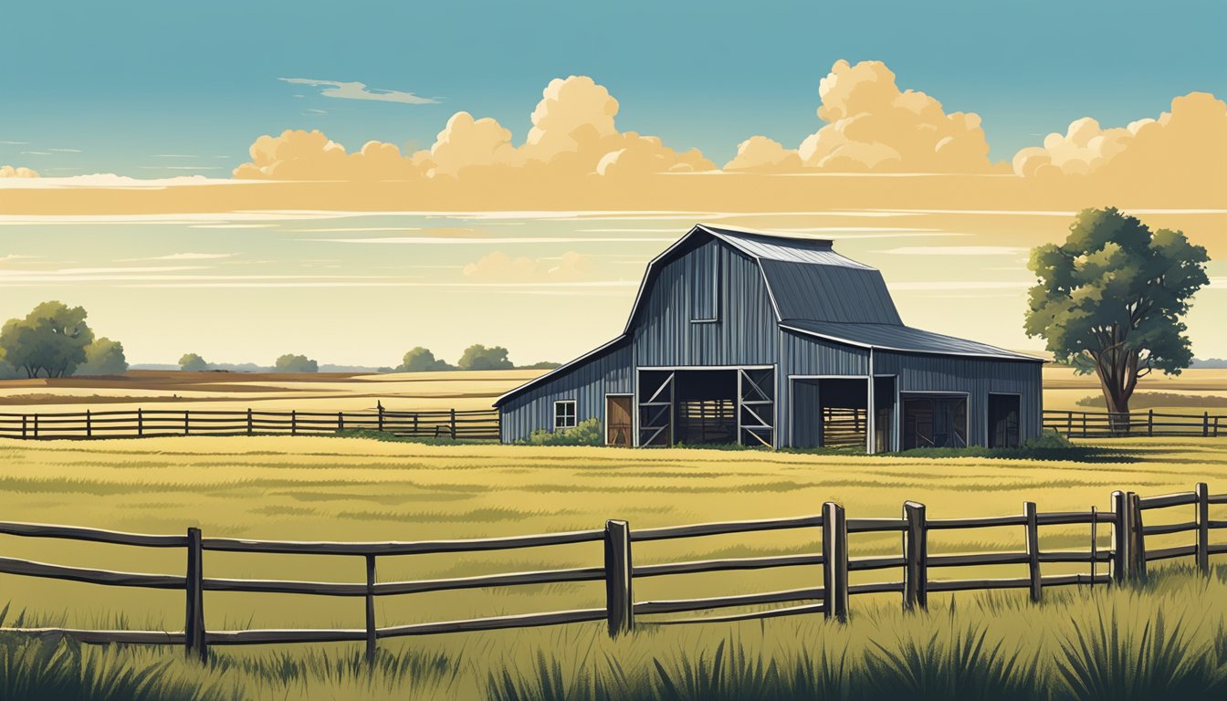 A rural Texas landscape with a small farm or ranch, including fields, a barn, and grazing livestock, under a clear blue sky