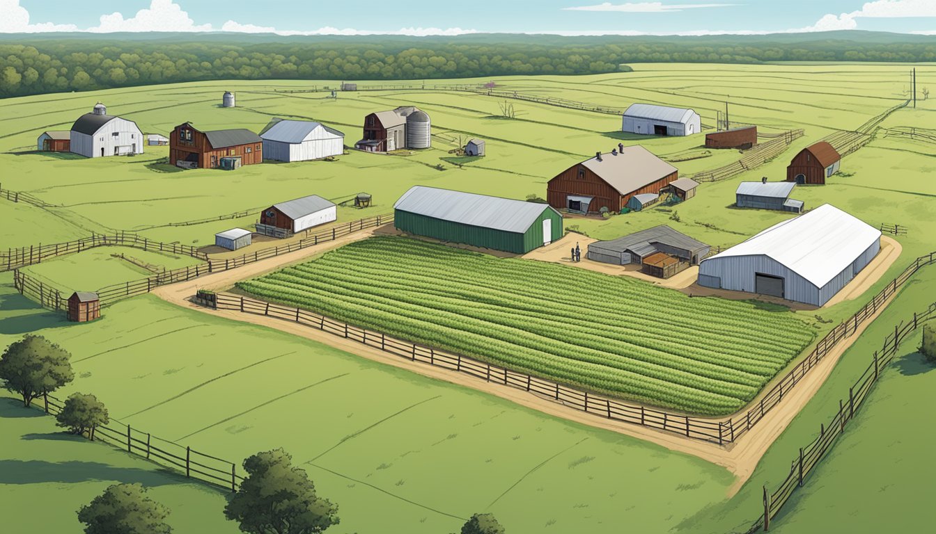 A sprawling farm in Leon County, Texas, with rolling fields, barns, and livestock, surrounded by a fence marked with agricultural tax exemption signs