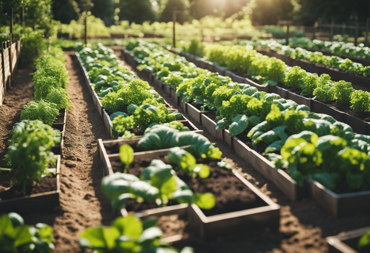 A lush vegetable garden with raised beds, trellises, and a variety of vegetables growing in neat rows under the bright sun