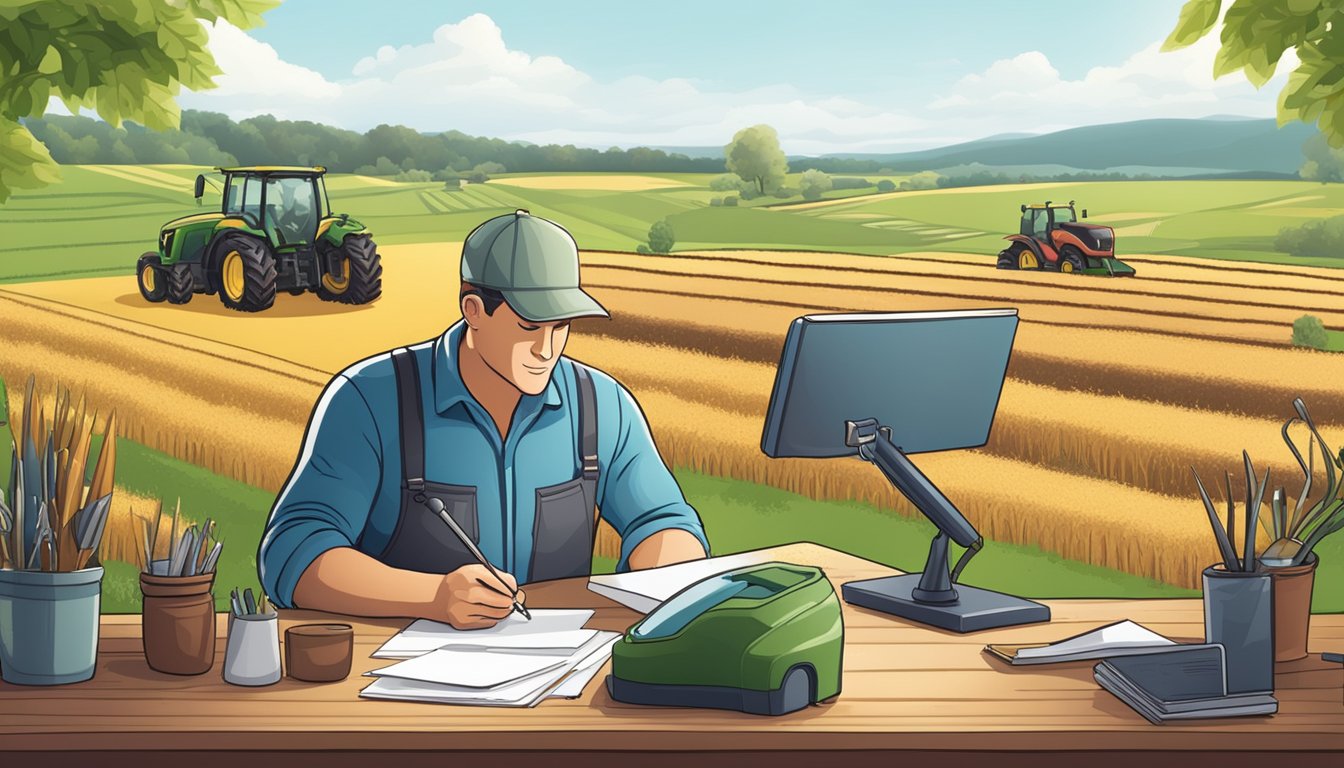 A farmer filling out paperwork at a desk with agricultural equipment and land in the background