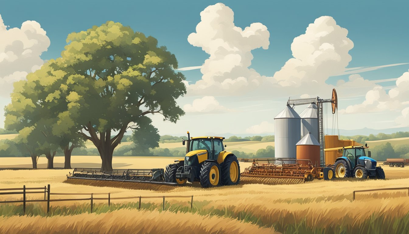 A rural Texas landscape with farmland, livestock, and agricultural equipment under a clear sky