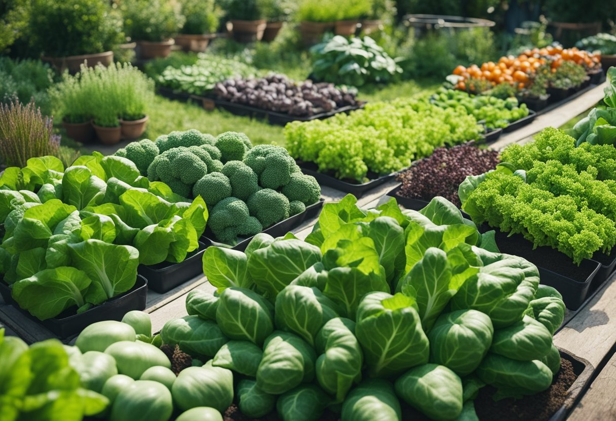 A garden with 16 different types of vegetables arranged in a companion planting chart, with each plant interacting with and supporting the others