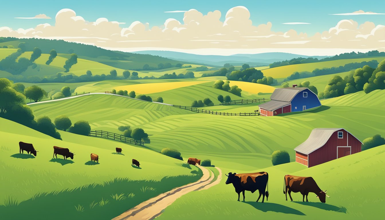 Rolling green hills dotted with grazing cattle under a bright blue sky, with a small farm and a barn in the distance