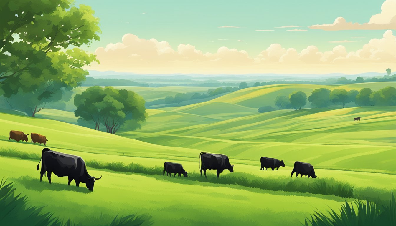 Rolling fields of green grass stretch out to the horizon, dotted with grazing cattle and surrounded by a border of lush trees