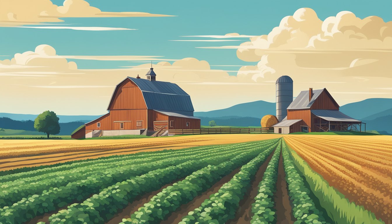 Rolling fields of crops under a bright blue sky, with a rustic farmhouse and barn in the distance