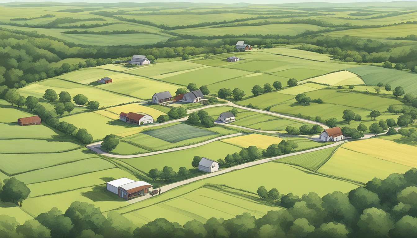 A sprawling rural landscape in Liberty County, Texas, with farmland and livestock, surrounded by a fence and marked with the Liberty County Appraisal District seal