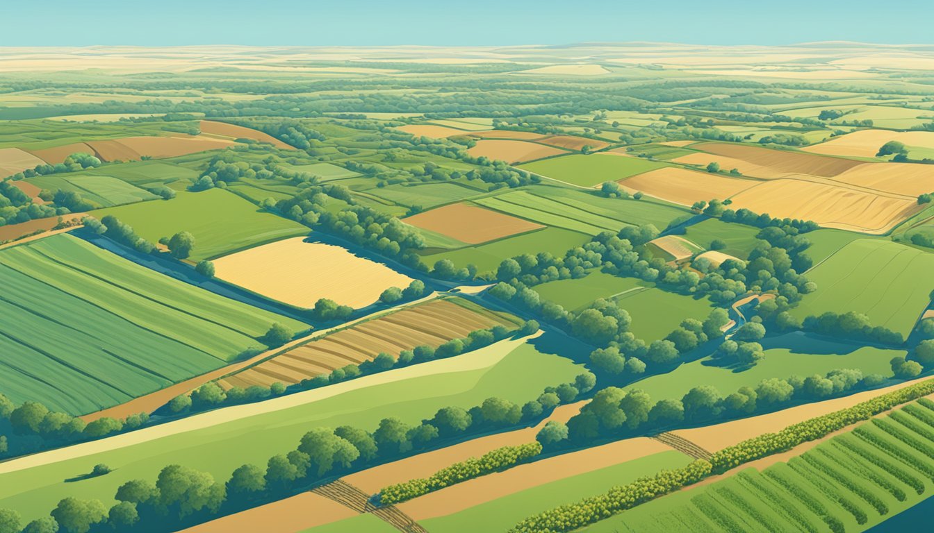 A sprawling landscape of farmland in Lipscomb County, Texas, with rows of crops and grazing livestock, under a clear blue sky