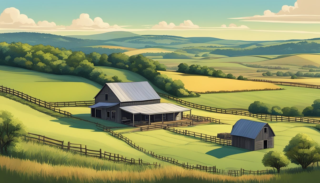 A rural landscape with a farmhouse, fields, and livestock, surrounded by the rolling hills of Lipscomb County, Texas