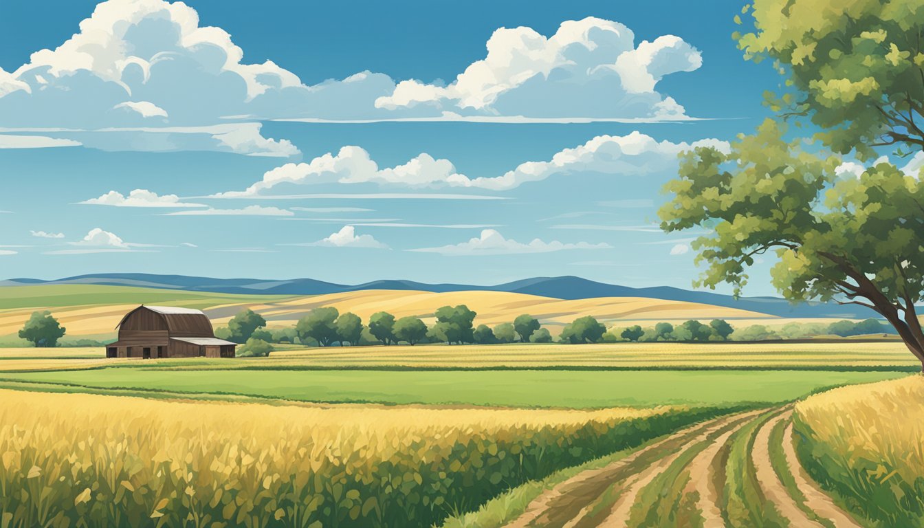 Rolling fields of crops and grazing land in Lipscomb County, Texas, with a backdrop of a clear blue sky and a distant farmhouse