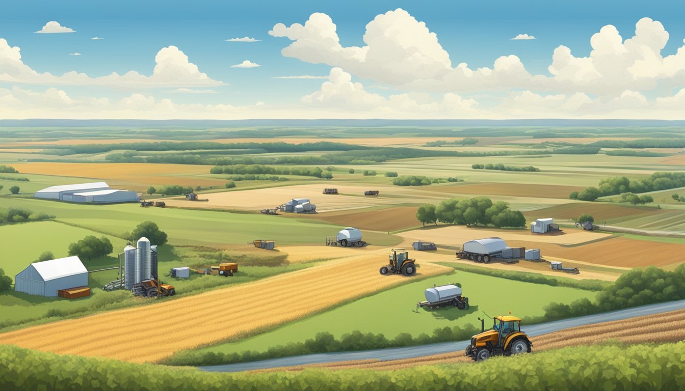 A sprawling Texas landscape with fields of crops, livestock, and agricultural equipment under a clear blue sky