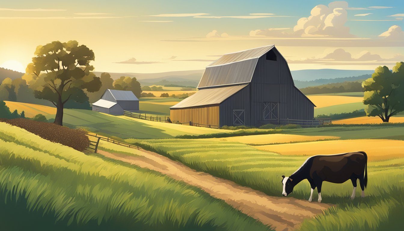 A rural landscape with a barn, fields of crops, and grazing livestock under a clear sky