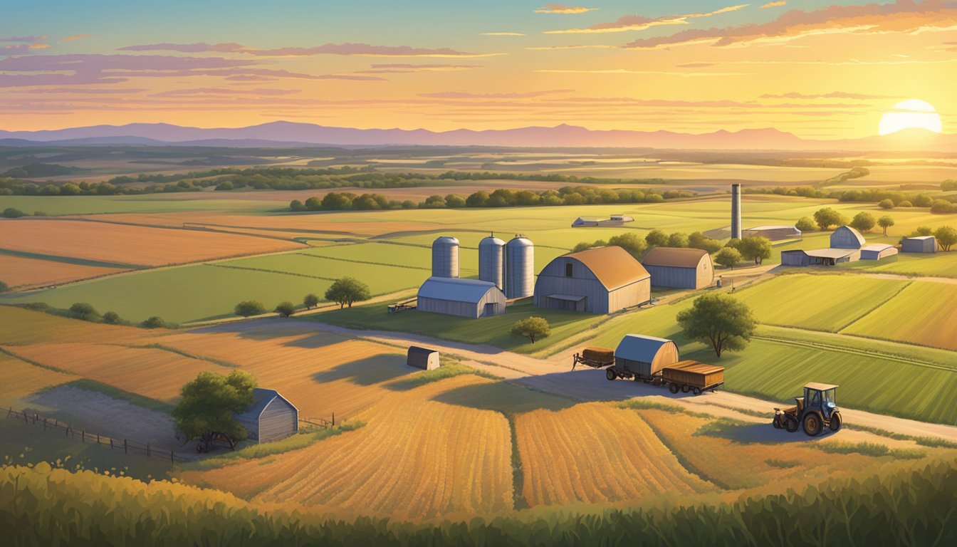 A sprawling rural landscape in Lampasas County, Texas, with fields of crops, grazing livestock, and farm equipment, all under the warm glow of the sun