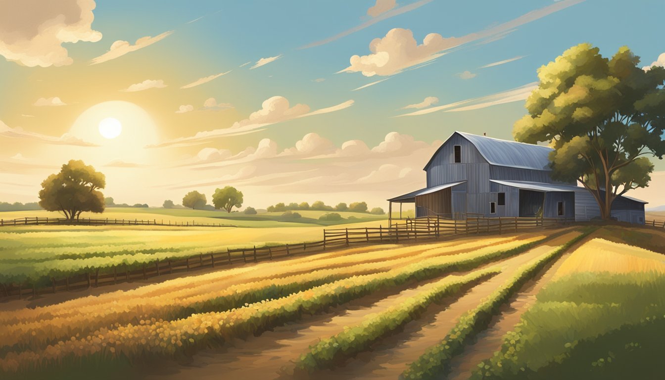 A rural landscape with a farmhouse, barn, and fields of crops under a sunny Texas sky