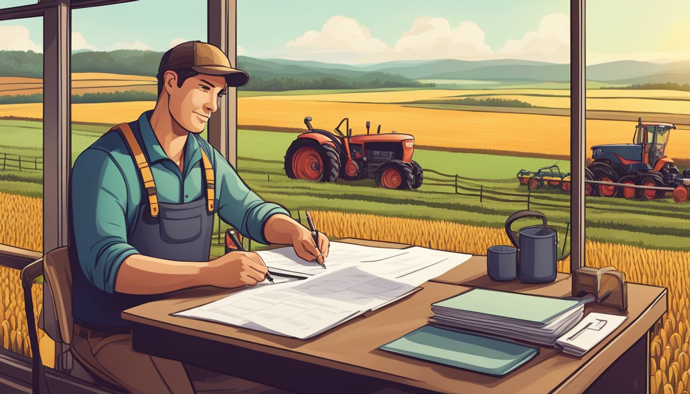 A farmer filling out paperwork at a desk with agricultural equipment and fields in the background