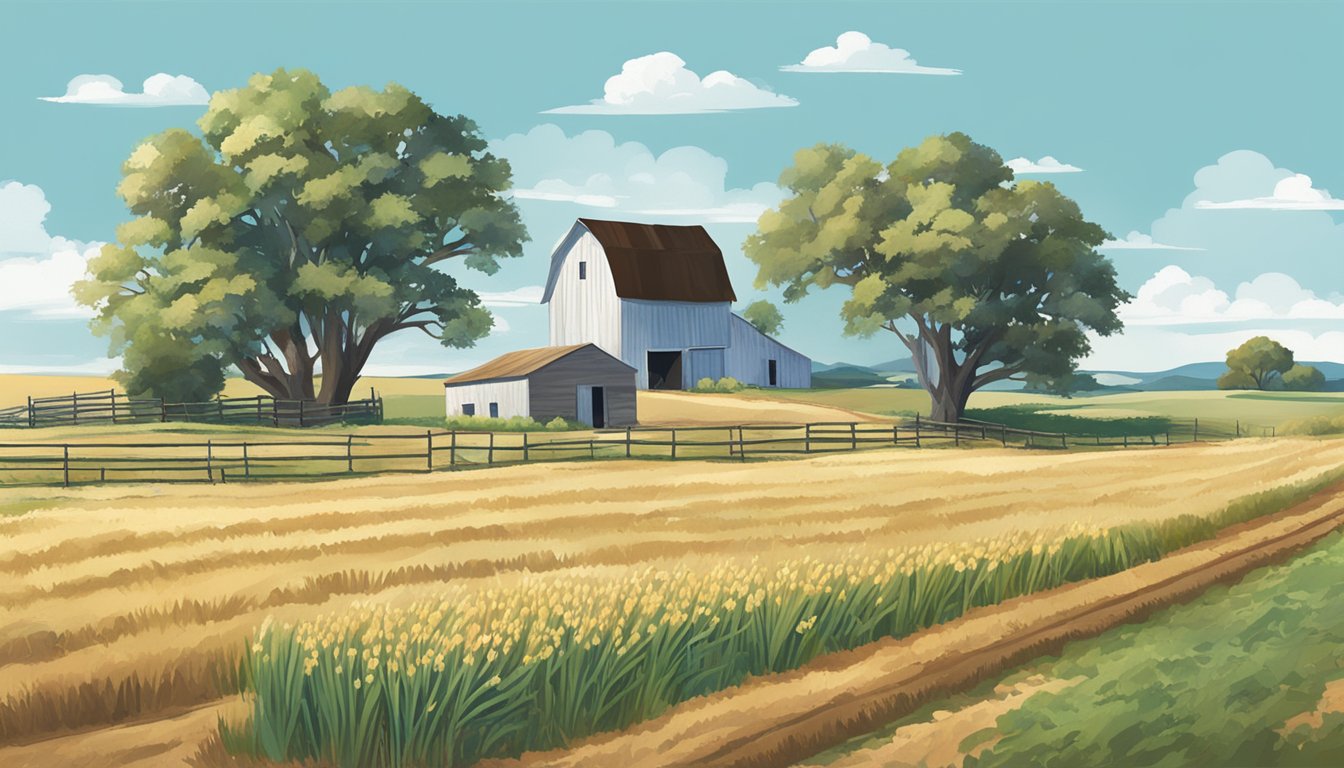 A rural landscape with a farmhouse, barn, and fields of crops under a bright blue sky in Lampasas County, Texas