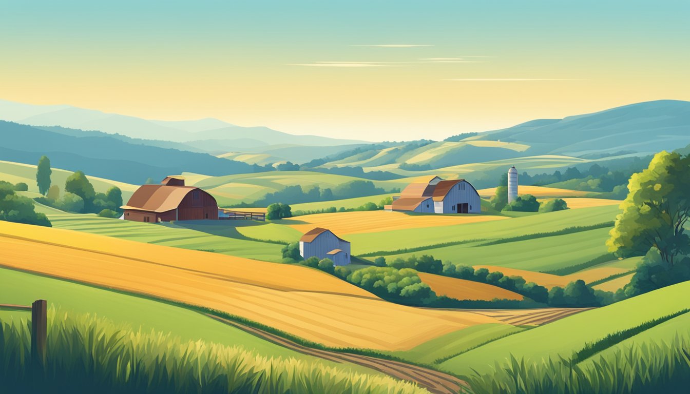 A rural landscape with a farmhouse, barn, and fields of crops surrounded by rolling hills and a clear blue sky