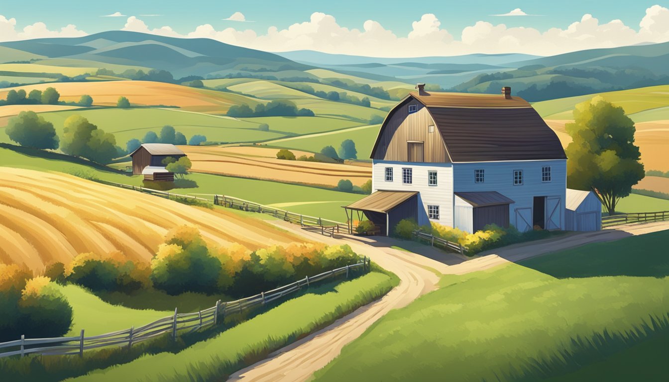 A rural landscape with a farmhouse, barn, and open fields, surrounded by rolling hills and a clear blue sky