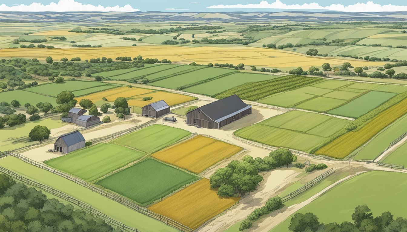 A sprawling agricultural landscape in Lampasas County, Texas, with fields of crops and grazing livestock, bordered by fences and a distant farmhouse