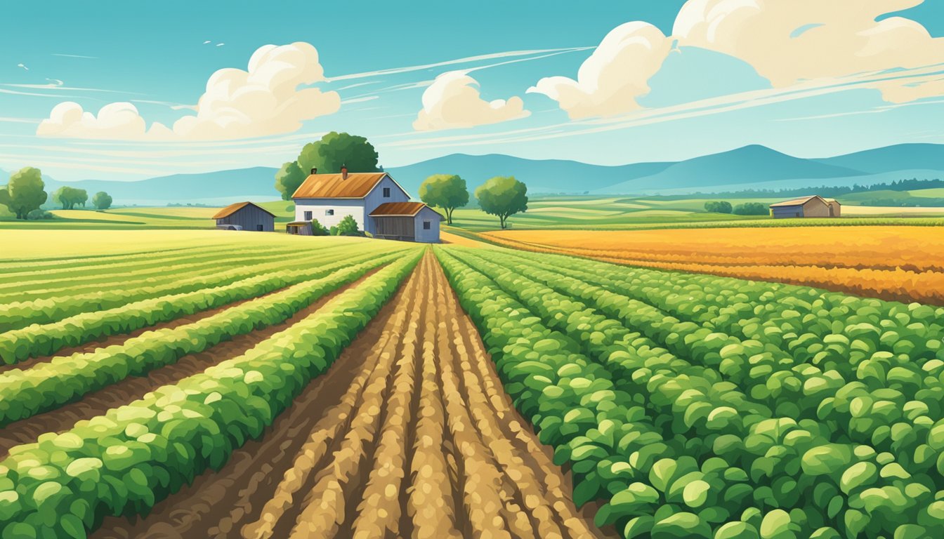 A vibrant field of crops stretching to the horizon under a clear blue sky, with a small farmhouse nestled in the distance