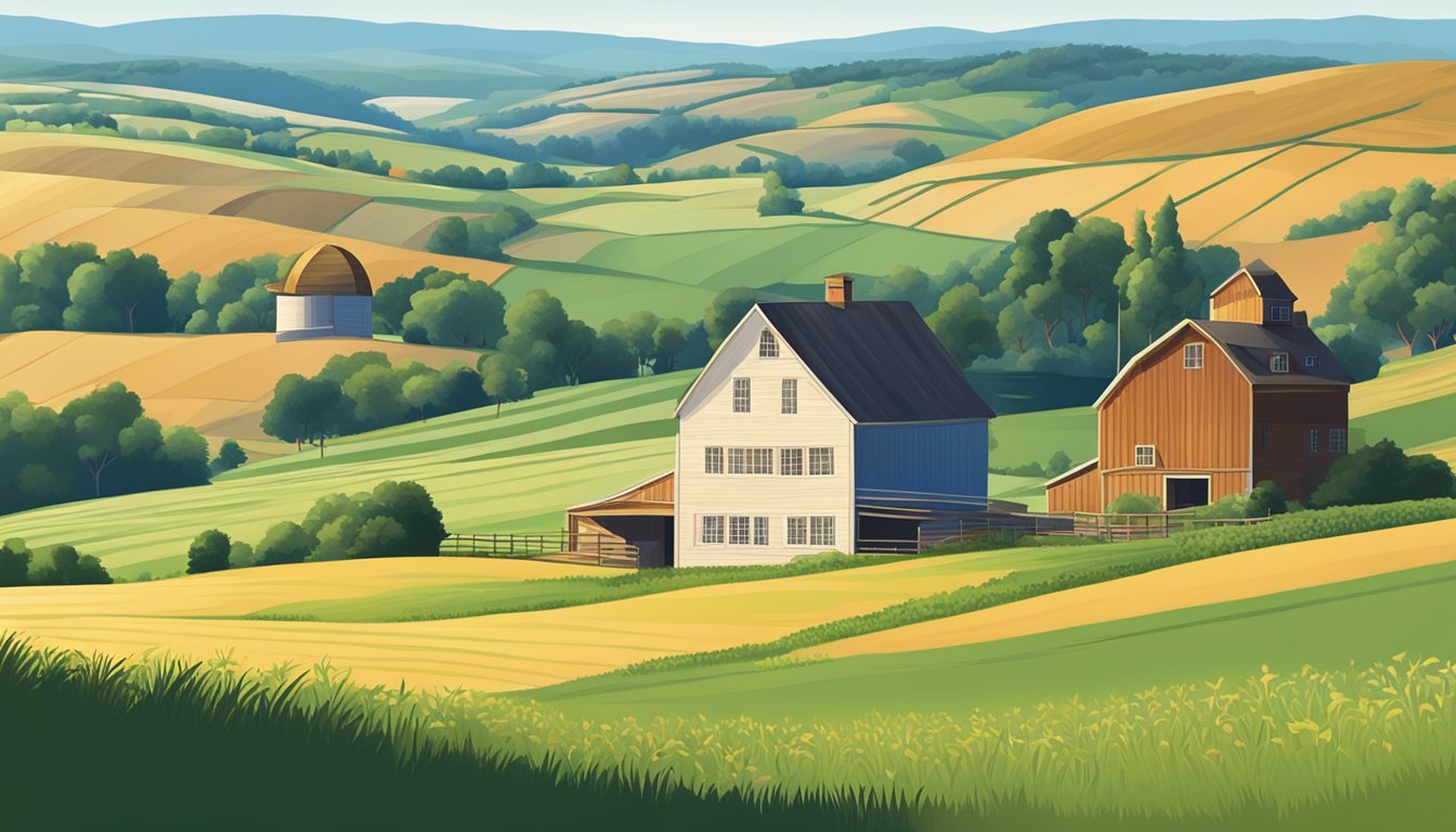 A rural landscape with a farmhouse, barn, and fields, surrounded by rolling hills and a clear blue sky