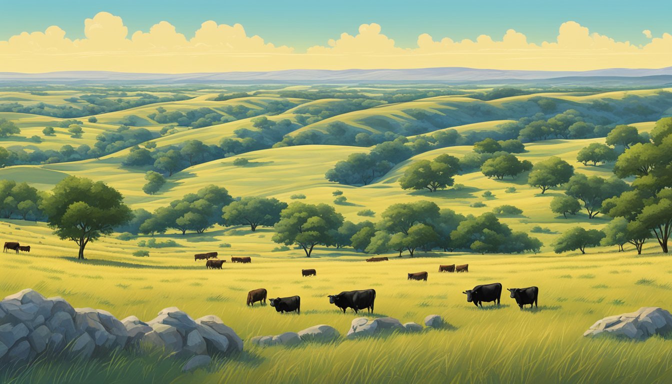 A sprawling landscape of rolling hills and open fields in Lampasas County, Texas, with cattle grazing under a bright blue sky