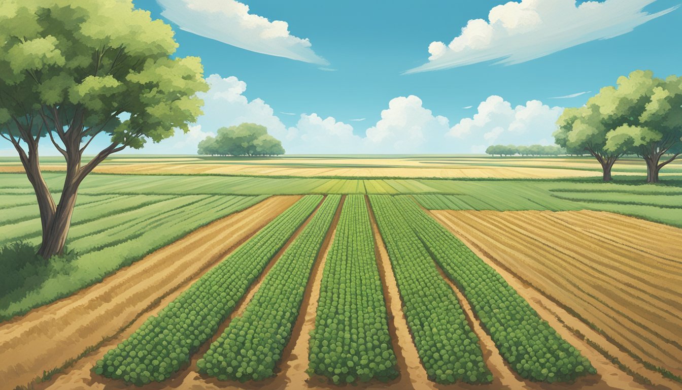 A vast, open field in Lamb County, Texas, with rows of crops stretching to the horizon, under a clear blue sky