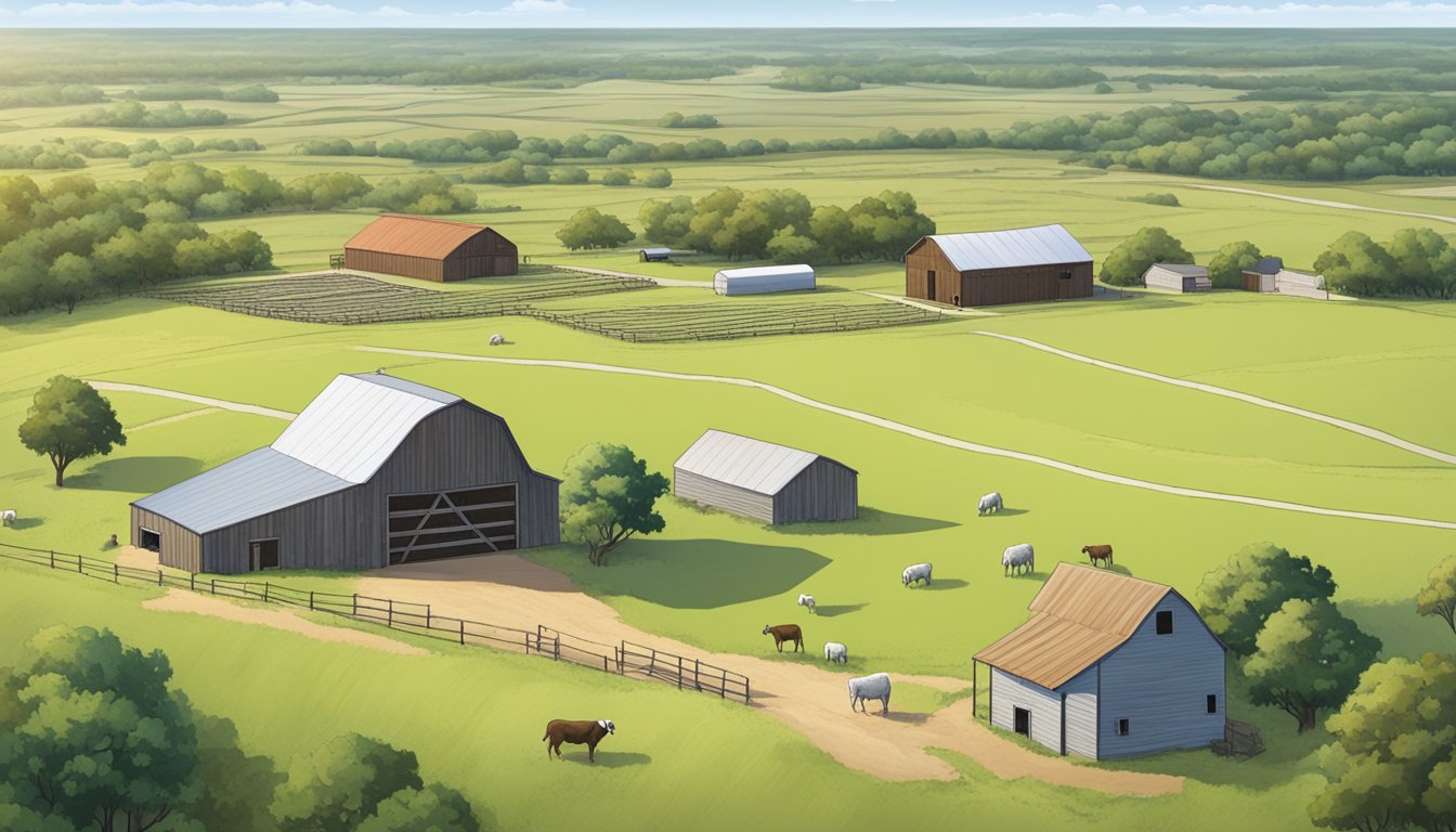 A sprawling Texas landscape with grazing livestock, a barn, and a sign displaying "Eligibility Requirements for Ag Exemption" in Lamb County