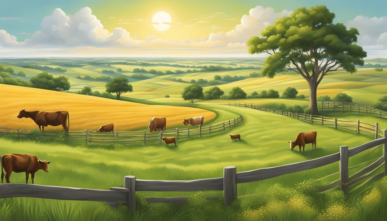 Rolling fields of golden wheat and lush green pastures stretch out under the vast Texas sky, dotted with grazing cattle and surrounded by fences