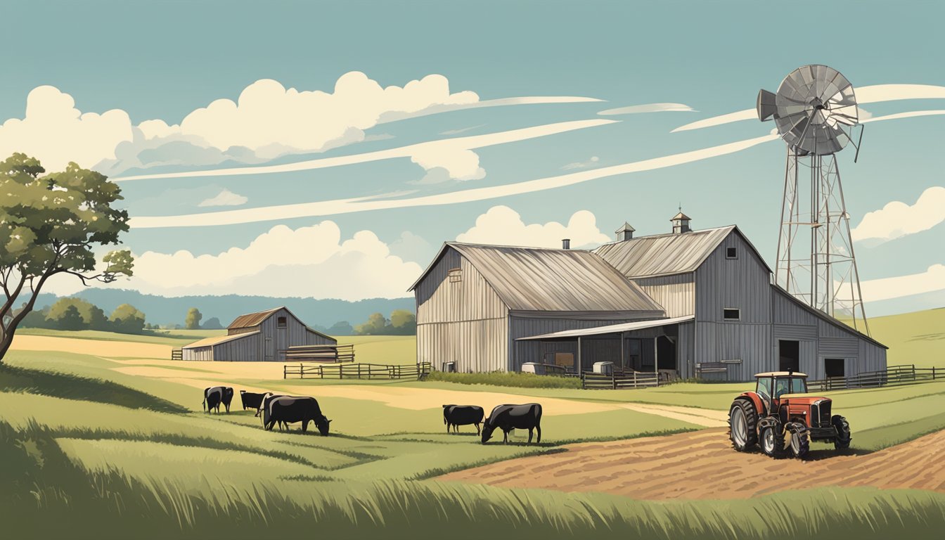 A rural landscape with a farmhouse, barn, and fields, under a clear Texas sky. Livestock and farming equipment are visible