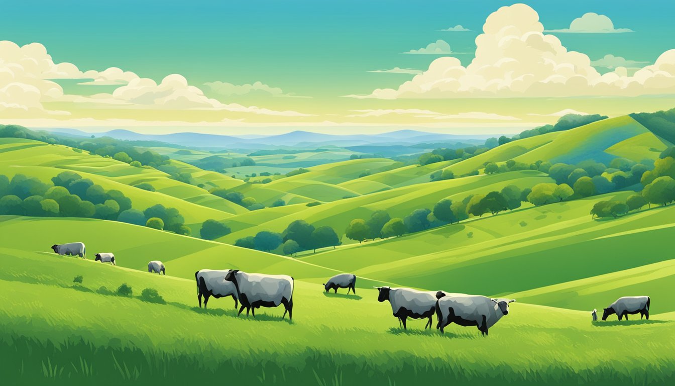 Rolling hills of green pastures dotted with grazing livestock under a bright blue sky