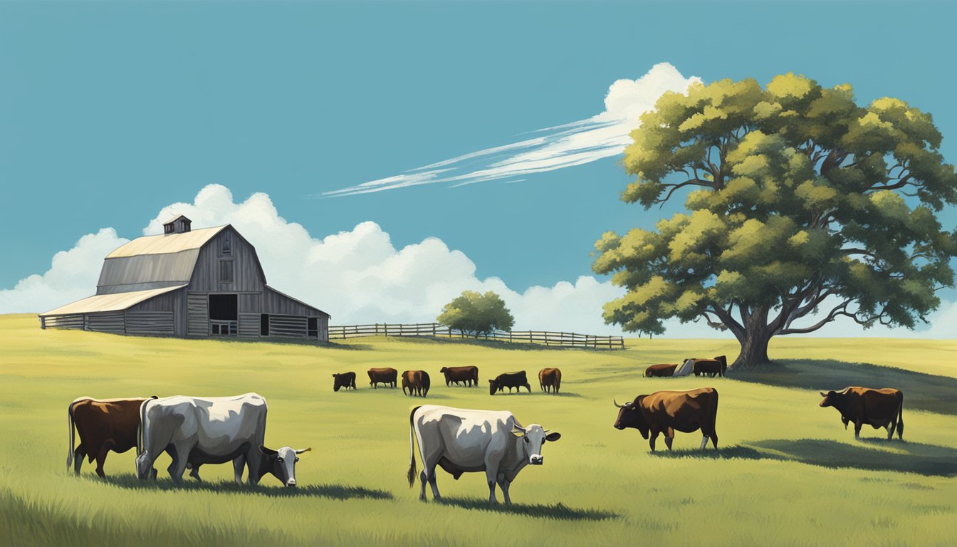 Rolling hills of farmland in Marion County, Texas, with grazing cattle and a rustic farmhouse, under a clear blue sky