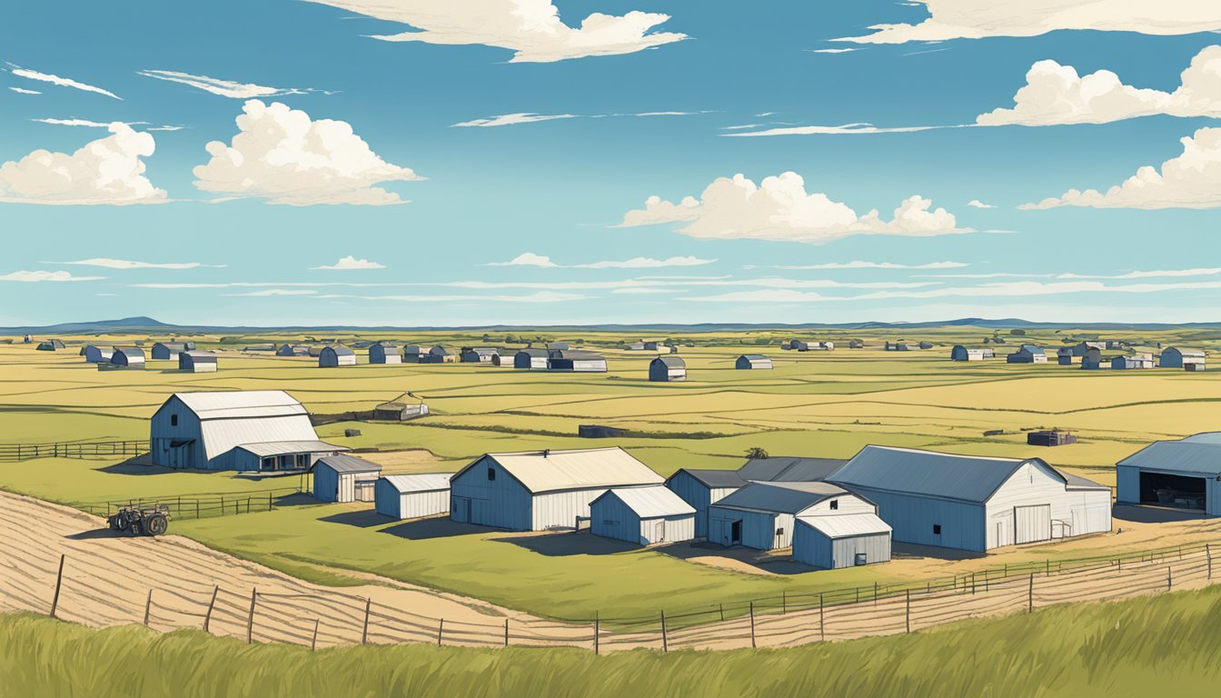 A vast, open field in Lamb County, Texas, with a clear blue sky and a few scattered farm buildings