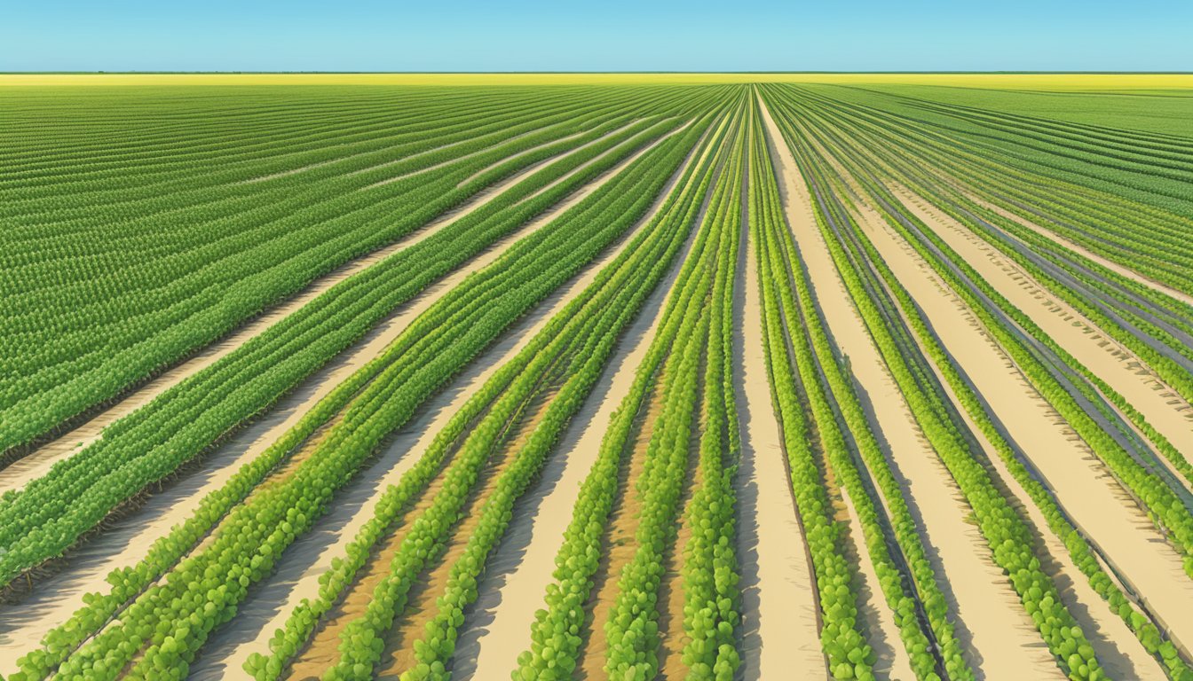 A vast, open field in Lubbock County, Texas, with rows of crops stretching towards the horizon under a clear blue sky