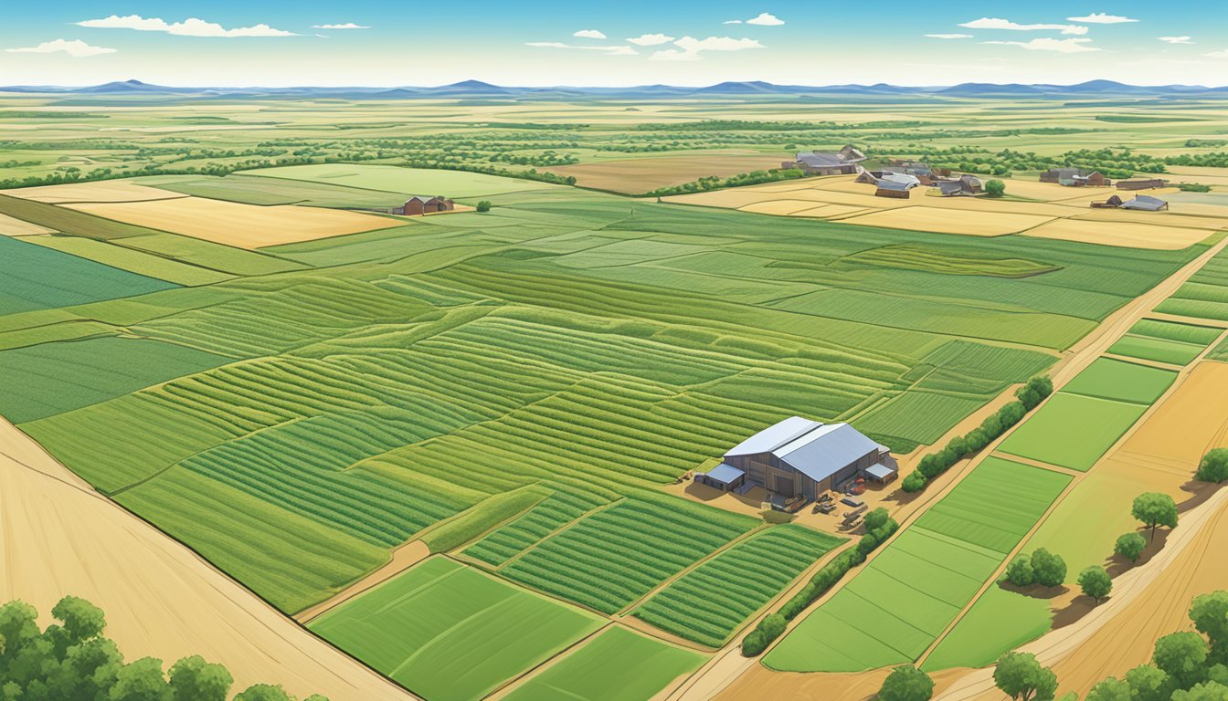 A sprawling farm in Lubbock County, Texas, with fields of crops and livestock, surrounded by wide open spaces and a clear blue sky