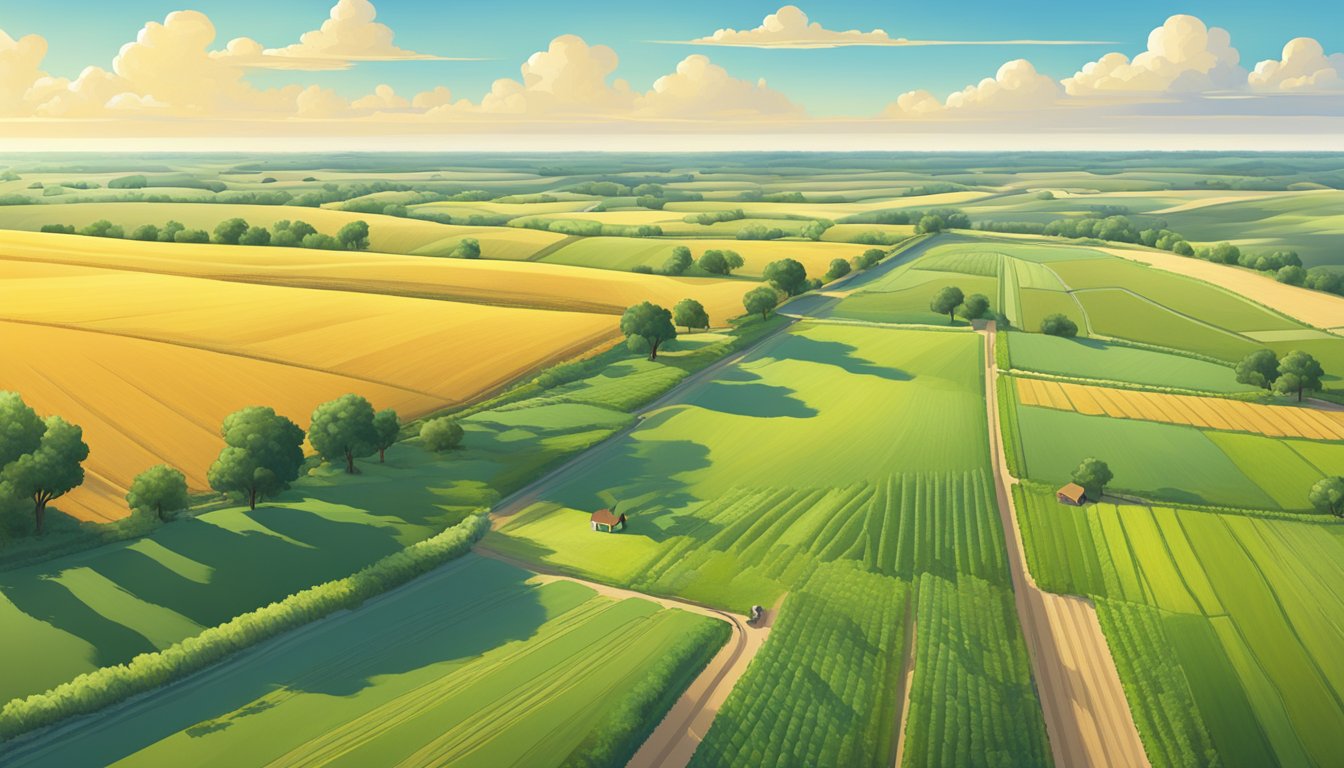 A vast expanse of farmland in Kent County, Texas, with fields of crops and grazing livestock under a bright, sunny sky